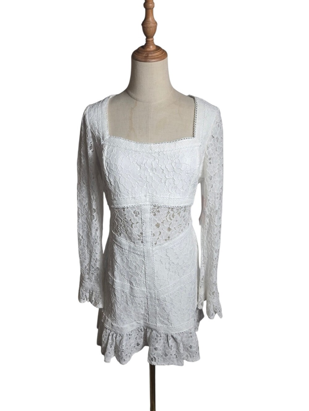 Birdy Grey White Lace Long Sleeve Open Back Mini Dress NWT